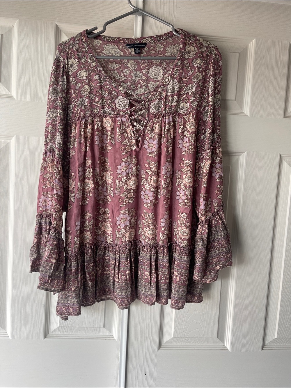 American Eagle Outfitters Mauve Floral Lace-Up Boho Blouse